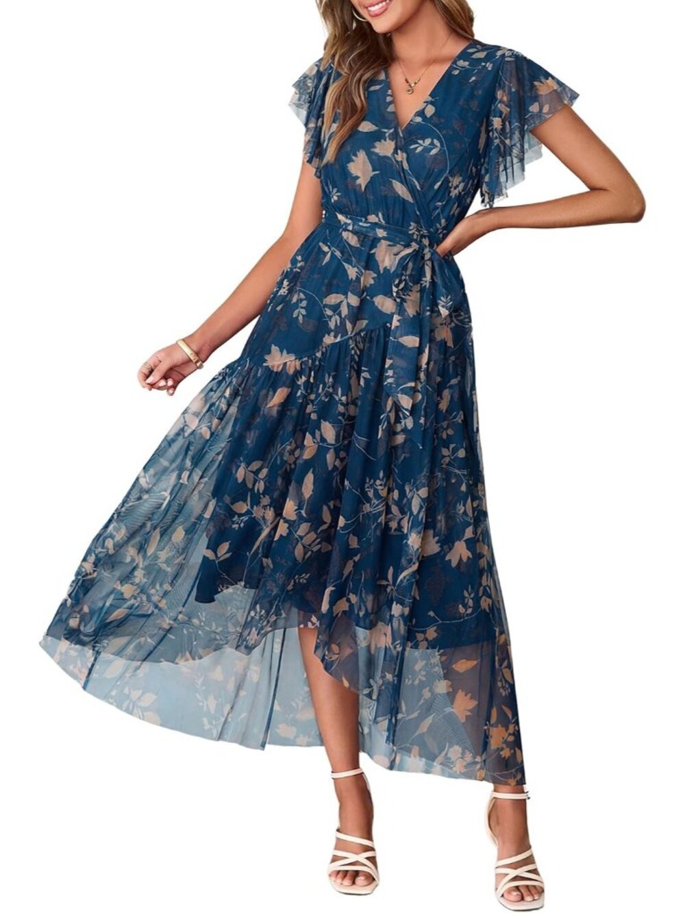 Women's Blue Ink Short Sleeve V Neck Imported Casual Mesh Floral Maxi Dress - Picture 1 of 7
